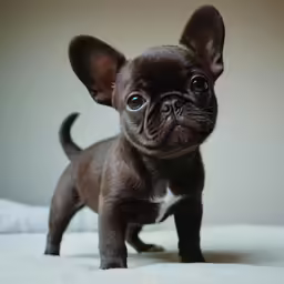 a brown chihuahua standing on a bed looking at the camera
