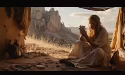 a woman sitting in a desert on top of a rocky hillside