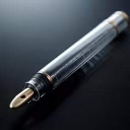 a pen with metal body and gold trim is sitting on a black table