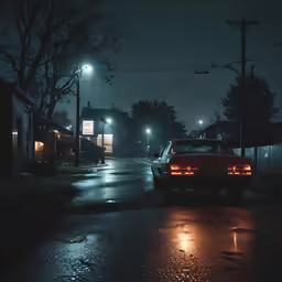 a dark street with cars parked at the curb on a rainy night