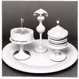 two cake stands and a triple layer cake