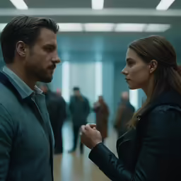 a woman with a ring around her finger next to a man in a suit