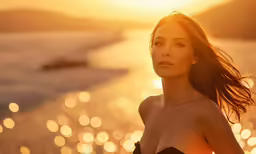 a woman standing on top of a beach next to the ocean