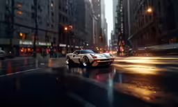 car driving in the rain through a big city