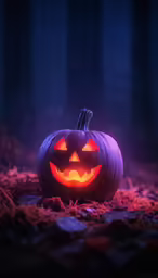 an evil pumpkin with carved eyes is in the woods