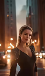 the young woman in the dress is posing on the street