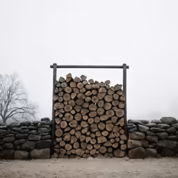 a number of large wood on display near a pile of rocks