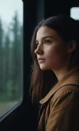 the girl looks out of the window in a train