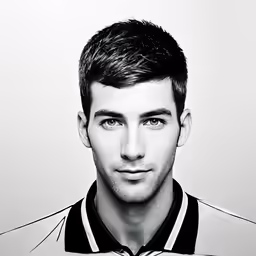 a man wearing a polo shirt poses for a black and white photo
