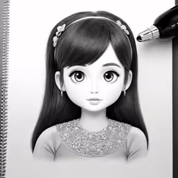 a drawing of a girl with long black hair