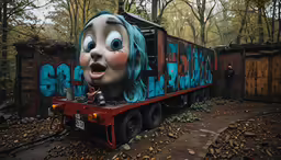 the train is being transported by a huge head