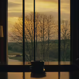 a table with a cup and vases sits against a large window
