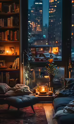 the view out of a bedroom window shows a cozy room, with an abundance of books and candles