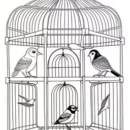bird cage with birds and pigeons inside,the bird in the cage is sitting on the ground