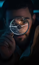 man looking through a magnifying glass at something in front of him