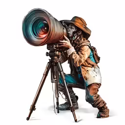 a man kneeling down and looking through a telescope