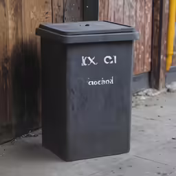 a black trash can is next to a wooden door