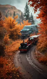 a tractor and car driving down a road surrounded by trees
