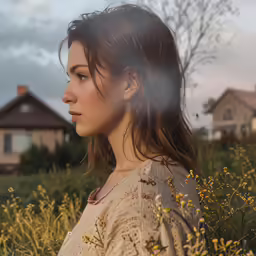 a woman standing in a field with a house and clouds