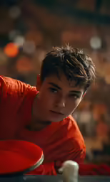 a boy is leaning on a table and looking up