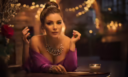 a woman is sitting at a table in a room with many christmas lights