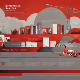 a newspaper page with a red background and a woman in an orange top,an illustrated diagram shows the architecture and potential for a city