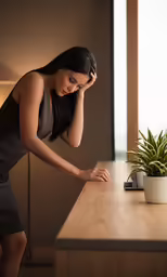 a beautiful young lady leaning against the edge of a desk holding her hand