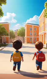 the animated children are walking down a school street