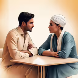 a man sitting at a table next to a woman on her knees