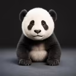 a panda bear sitting on the floor with his legs crossed