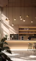 some lights on the bar and chairs in the room