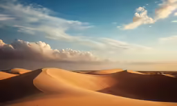 the sun shines over an area of high dunes in desert