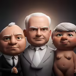 three bald men with their heads turned to different poses, the one in the front is white and the other is gray