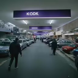 people walk down the street near parked cars in an auto dealership