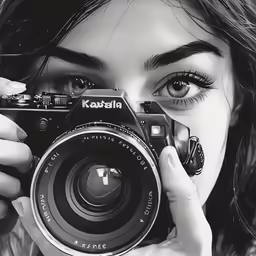 a woman with long hair taking a photograph
