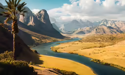 a palm tree in the foreground overlooking a river in a valley