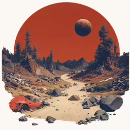 a red car is parked by some rocks on the ground and in front of the red sun