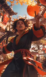 the character is flying through the air holding an orange