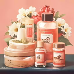 a vase filled with flowers next to two bottles