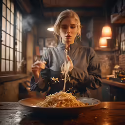 a woman holds out her pastasticks with meat in the middle of a plate