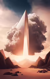 a large object shaped like a massive obelisk on a cloud covered hillside