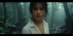 a woman in a shirt standing near many trees