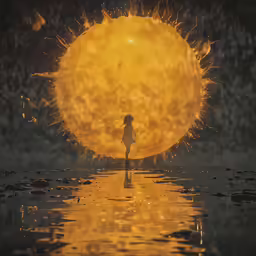 a person standing alone with fire in the background
