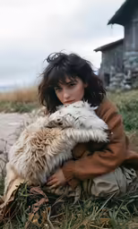 woman with goat skin holding it over her chest