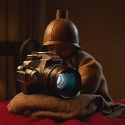 a young boy with a camera sits on a bed