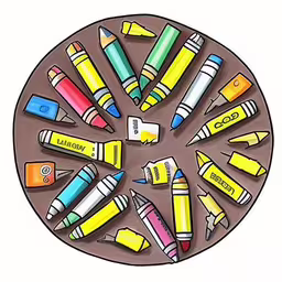 the drawing has a bunch of different colored pencils in it,a circular drawing of crayons on a table,a circular with crayons in it,a brown circle containing colored crayons and the word coo,the drawing shows several pencils arranged in a circle