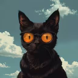 a black cat has red, yellow eyes against blue sky