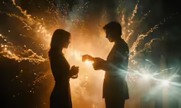 two people in silhouette standing under fireworks