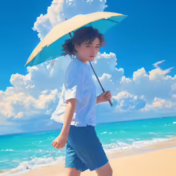 a small child holding an umbrella by the beach
