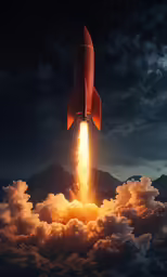 a red rocket is being launched into the sky